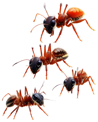 Ants' heads, microscopic view, detailed compound eyes, antennae, mandibles, shiny exoskeleton, textured surface, black and brown color, high magnification, sharp focus, circular composition, dramatic 