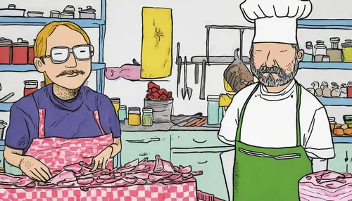 butcher shop,cooking show,shopkeeper,fishmonger,vendors,bakery,deli,kitchen shop,mortadella,chef,chefs,red onion,cooks,cake shop,pickling,breaking bad,salami,cookery,pastry shop,small business,Illustration,Children,Children 06