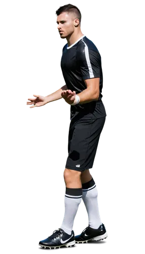 Football player, dynamic pose, muscular legs, white socks, black shoes with studs, athletic wear, short sleeves, ball in hand, throwing motion, sweat droplets, shiny skin, daytime lighting, 3/4 compos