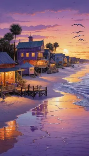 A quiet Florida coastal town at dusk, with rustic houses lining a street that leads to a wide beach. The sky is painted in shades of orange and purple as the sun sets over the ocean, casting a warm gl