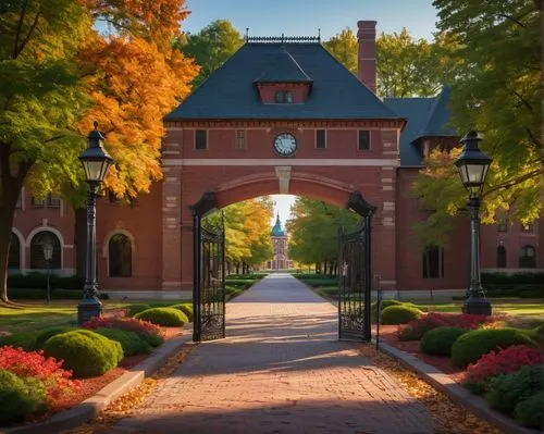 Fort Wayne's historic architecture, 19th-century American style, red brick façade, grand entrance with stone pillars, ornate metal gates, clock tower, intricate stonework, symmetrical composition, war