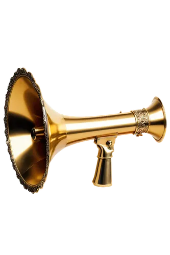 Old-fashioned megaphone, golden metal material, ornate details, curved shape, handle on top, shiny surface, soft focus, warm lighting, 3/4 composition, close-up shot, shallow depth of field, nostalgic