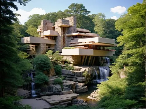 fallingwater,yavin,futuristic architecture,house in the forest,forest house,treehouses,tree house hotel,skylands,arcology,modern architecture,taliesin,kimmelman,treehouse,tree house,log home,futuristic landscape,dunes house,house in the mountains,carolwood,cantilevered,Art,Artistic Painting,Artistic Painting 05