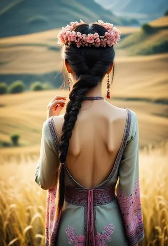 spectacular scene of Ha Giang nature in the background, an elegant Vietnamese lady with long braided black hair wears a tribal electic chic backless dress with Vietnamese tribal pattern in light earth