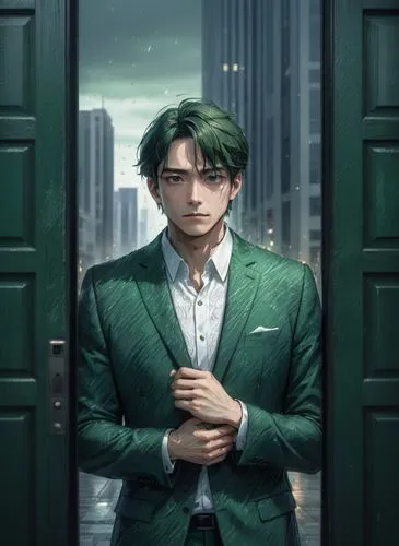 man in the dark green suit and white shirt , in front of the doors , mysterious face tone , highrise building town background , filter the picture with dark tone  ,the green haired man is looking into