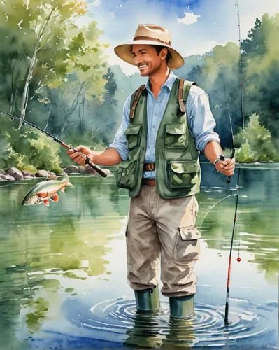 fishing rod, angler, holding fish, freshwater fish, realistic scales, glistening under sunlight, green vegetation background, serene lake, clear sky, midday light, casual clothing, wide-brimmed hat, f