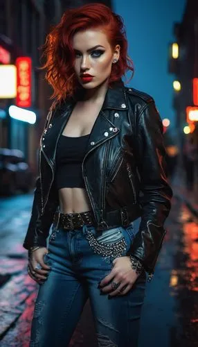 femme fatale,leather jacket,leather,retro woman,black widow,punk,black leather,renegade,redhair,red head,grunge,hard woman,harley,toni,rockabilly style,bolero jacket,red-haired,red hair,retro women,sexy woman,Illustration,Retro,Retro 11