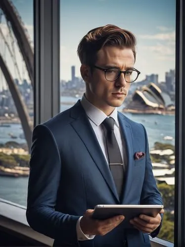 Modern architectural designer, male, 30s, bespectacled, short brown hair, formal attire, white shirt, black tie, dark blue suit, holding a tablet, standing in front of a large window, Sydney cityscape