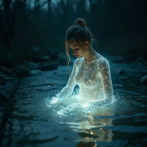 water nymph,kupala,the blonde in the river,drawing with light,bioluminescent,girl on the river,Photography,General,Fantasy