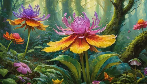 Describe a tritoma flower in a mystical forest, surrounded by fairies and magical creatures.,flower painting,fritillaria imperialis,forest anemone,day lily plants,splendor of flowers,flowers png,wild 