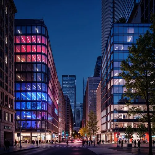 Vibrant cityscape, modern skyscrapers, bold color blocking, contrasting hues, neon lights, sleek glass facades, metallic accents, urban landscape, bustling streets, pedestrian walkways, dynamic archit