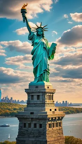 Statue of Liberty, lush green vines crawling up the pedestal, intricate details on the statue's robe, crown and torch, warm afternoon sunlight casting long shadows, gentle sea breeze rustling the leav