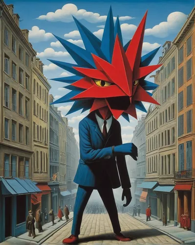 man with umbrella,cd cover,exploding head,angry man,surrealism,a pedestrian,pigeon head,escher,pedestrian,city pigeon,street pigeon,red bird,guy fawkes,fawkes mask,griffon bruxellois,cover,fawkes,anger,masquerade,red beak,Art,Artistic Painting,Artistic Painting 06