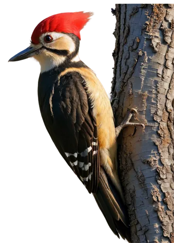 Woodpecker, perched, solo, adult, vibrant plumage, red cap, black back, white belly, strong beak, claws grasping, tree trunk, vertical composition, warm sunlight, shallow depth of field, soft focus, r