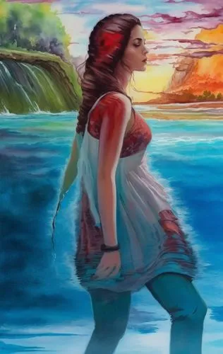 girl on the river,the sea maid,girl walking away,mermaid background,girl with a dolphin,world digital painting,Illustration,Realistic Fantasy,Realistic Fantasy 25