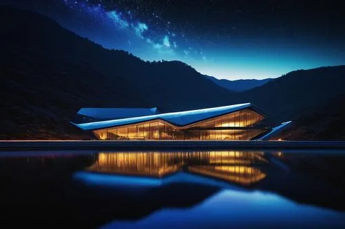 futuristic art museum,futuristic architecture,futuristic landscape,boathouse,house with lake,lair,boat house,calatrava,snohetta,long exposure,nightscape,samsung wallpaper,aqua studio,puopolo,blue hour,contemporary,auditorio,long exposure light,house by the water,asian architecture,Art,Artistic Painting,Artistic Painting 04