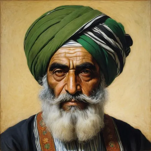 a painting of a arabic old man with a turban and a beard wearing a striped shirt and a green turban, Fikret Muallâ Saygı, qajar art, detailed portrait, a character portrait,turban,balkhi,moulavi,naqsh