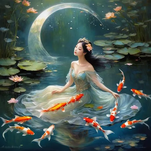 koi fish,koi pond,koi,koi carps,water lotus,kupala,fantasy picture,water nymph,moondragon,fish in water,mid-autumn festival,dreamscapes,jianfeng,yanzhao,lotus blossom,jianxing,youliang,xueying,wenzhao,fishes,Illustration,Realistic Fantasy,Realistic Fantasy 16