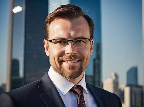 Middle-aged man, Andrew Tate, formal wear, white dress shirt, black suit, tie, glasses, short brown hair, well-groomed beard, LinkedIn profile picture, professional background, cityscape view, skyscra