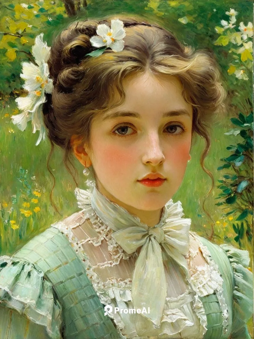 Let this portrair appear as a French impressionist painting as if it had been painted by Edgar Degas.,a portrait of a little girl with a flower in her hair,girl in the garden,girl in flowers,girl pick