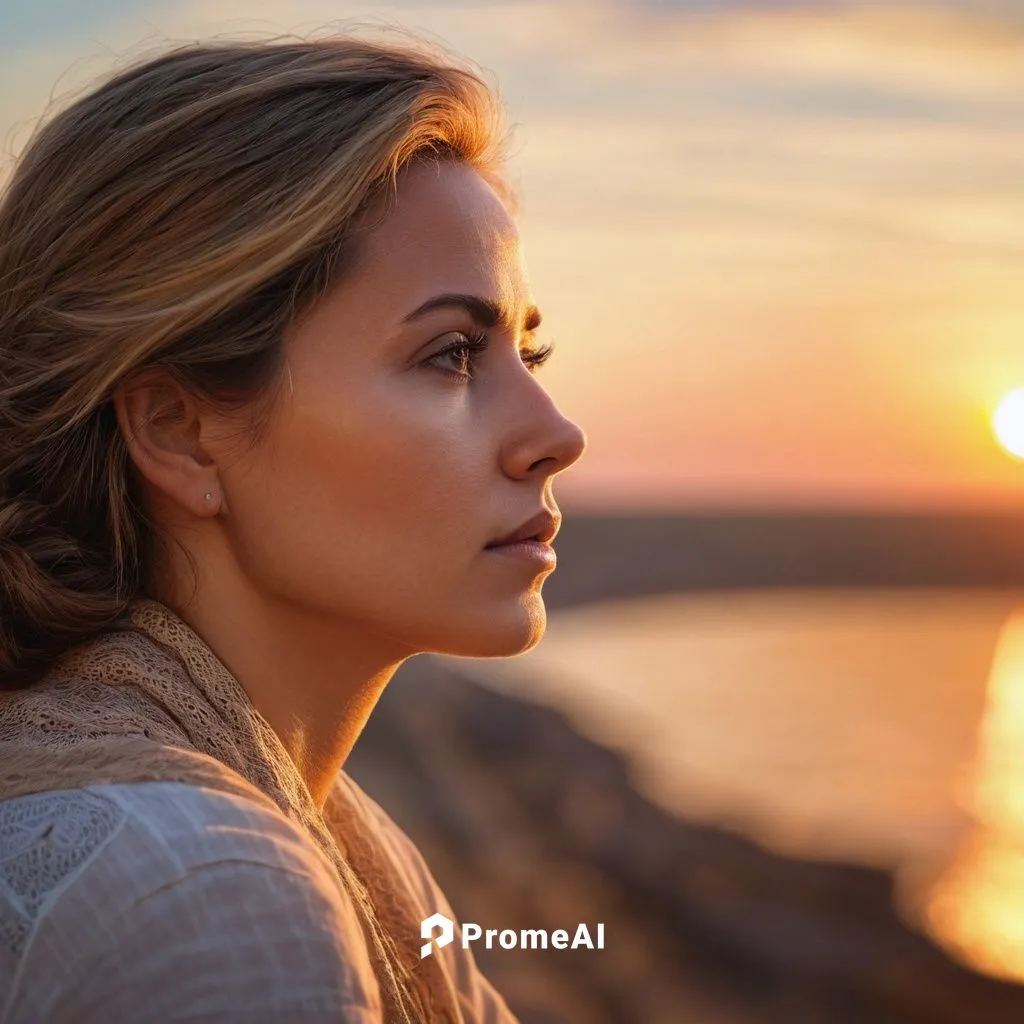 A woman now at sunset, contemplating the day that has passed.,pensively,thoughtful,girl on the dune,woman thinking,contemplatively,woman portrait,romantic portrait,contemplative,golden light,contempla