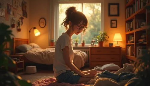 cozy dorm room, warm lighting, comfortable atmosphere, solo girl, 18yo, casual wear, ponytail, glasses, bookshelf, desk lamp, softbox lights, warm color tone, wooden furniture, plants, messy bed, scat