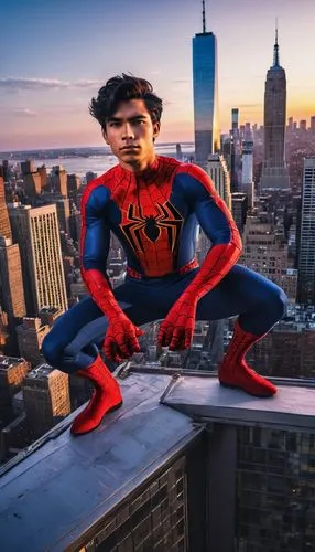 Spider-Man OC, male, muscular athletic build, 19yo, short messy black hair, bright blue eyes, small nose, gentle smile, red and blue costume, web shooters on wrists, agile pose, New York City, skyscra