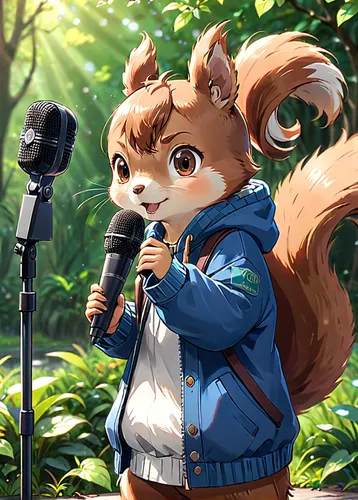 squirrel with a microphones, text "Kokojambo LVP",singing,singer,mic,sing,student with mic,musical rodent,microphone,announcer,to sing,singing hawk,backing vocalist,serenade,karaoke,vocal,recorder,nor