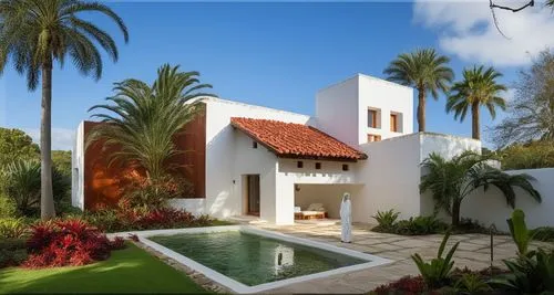 EL EXTERIOR DE UNA CASA CON ESTILO MEXCANO MODERNO, USO DE COLORES VIBRANTES, MATERIALES REFIONALES, TEJA, VIGAS DE MADERA, EN UN AMBIENTE EXUBERANTE, ESTANQUE DE AGUA AL FRENTE, PROPORCION, EXCELENTE