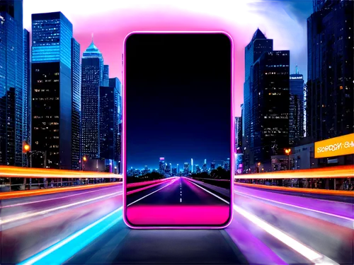 HD, 4K, vertical video, smartphone screen, sleek design, metallic frame, glossy surface, modern cityscape, blurred motion, fast-paced editing, bright neon lights, deep blues and purples, cinematic col