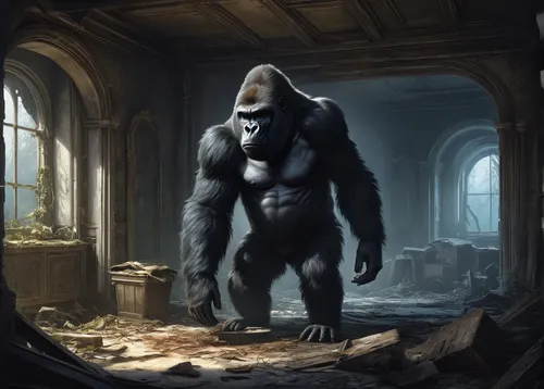 silverback,gorilla,kong,king kong,ape,concept art,great apes,game illustration,primate,cave man,baboon,werewolves,game art,monkey island,primitive man,cougnou,anthropomorphized animals,gorilla soldier,the monkey,chimpanzee,Conceptual Art,Fantasy,Fantasy 12