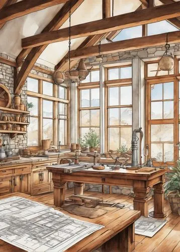 watercolor tea shop,wooden windows,rustic aesthetic,victorian kitchen,sunroom,apothecary,kitchen,study room,schoolroom,big kitchen,loft,violet evergarden,teahouse,breakfast room,kitchen interior,wooden beams,rustic,atelier,the kitchen,herbology,Unique,Design,Blueprint