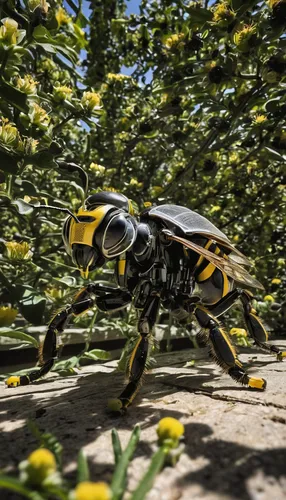 In a futuristic setting, write about robotic bees taking over the role of real bees in pollination.,drone bee,plant protection drone,giant bumblebee hover fly,hornet hover fly,pollinator,yellow jacket