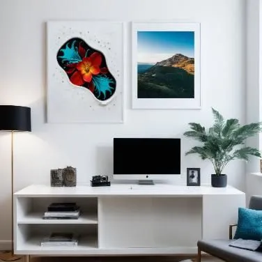 Weiß Rahmen um das Bild, Im luxury Wohnzimmer an der weißen Wand  und auf dem Schreibtisch stehen neben dem Fernseher,modern decor,the living room of a photographer,contemporary decor,wall decor,inter