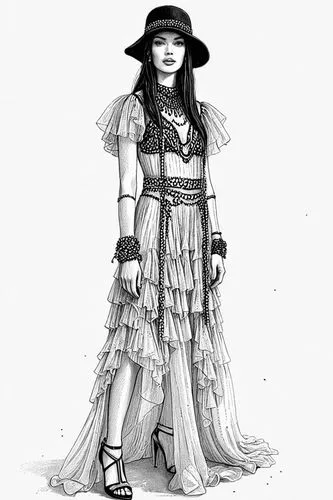 fashion sketch,goth woman,gothic dress,gothic woman,fashion vector,boho art style,Design Sketch,Design Sketch,Black and white Comic