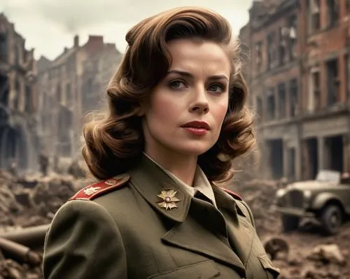 A young (((20 years old))) Elizabeth Hurley as Peggy Carter (((she is dressed with her brittish WW2 uniform))), in an alternate Marvel Universe. This takes place in the early forties and the backgroun