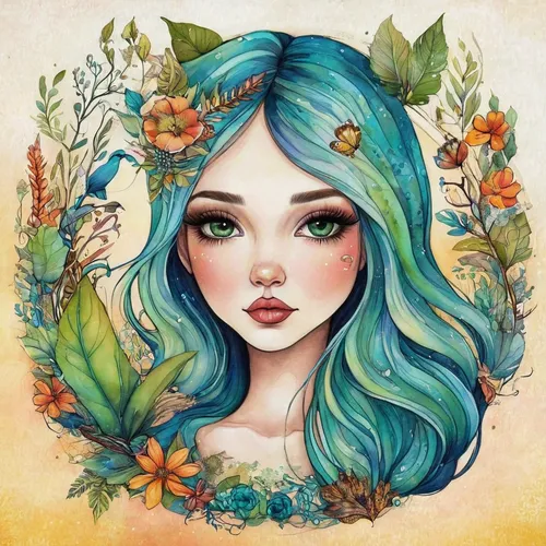 fantasy portrait,boho art,flora,mermaid vectors,girl in a wreath,flower fairy,virgo,mermaid background,faerie,zodiac sign gemini,rose flower illustration,girl in flowers,fae,vanessa (butterfly),faery,garden fairy,poison ivy,digital illustration,floral wreath,gemini,Illustration,Abstract Fantasy,Abstract Fantasy 10