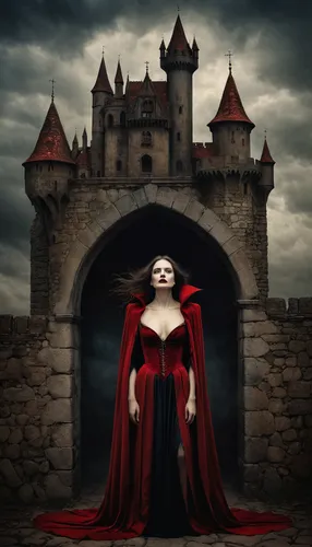 gothic portrait,vampire woman,gothic woman,vampire lady,dracula,queen of hearts,dark gothic mood,gothic fashion,red cape,red gown,haunted castle,red coat,dracula castle,gothic style,vampira,gothic,castle of the corvin,transylvania,dance of death,bram stoker,Photography,Artistic Photography,Artistic Photography 14