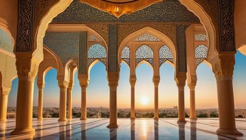 Islamic architecture elements, intricate geometric patterns, arches, domes, minarets, ornate columns, Arabic calligraphy, Islamic tiles, muqarnas, arabesque, floral motifs, symmetrical composition, ma