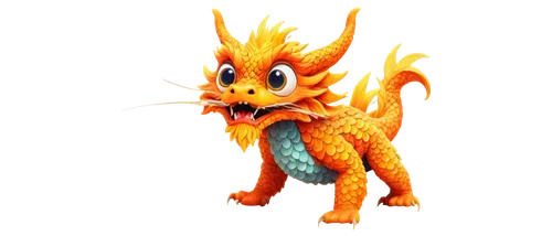 Chinese dragon, doodle style, cute expression, big eyes, fluffy beard, colorful scales, vibrant orange and yellow, curly tail, puffy clouds, whimsical atmosphere, soft focus, warm color tone, playful 