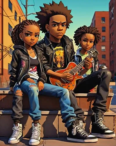 Customizable boondocks character, male/female, muscular/thin, various skin tones, detailed facial features, expressive eyes, dynamic hair styles, colorful outfits, ripped jeans, leather jacket, sneake