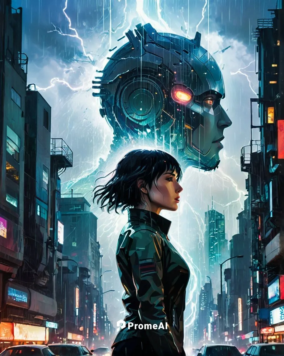 full body, Double Exposure of The Iron Giant male and asiatic female Ghost in the Shell and Faith Mirror Edge characters movie kissing, Blade Runner city skyline cyberpunk cityscape, impressionism art