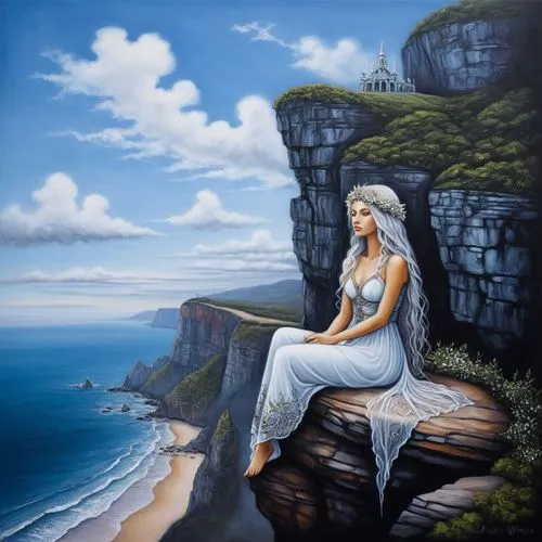 the painting shows a beautiful woman on top of the cliff,fantasy art,fantasy picture,amphitrite,tuatha,ariadne,art painting,Illustration,Abstract Fantasy,Abstract Fantasy 14