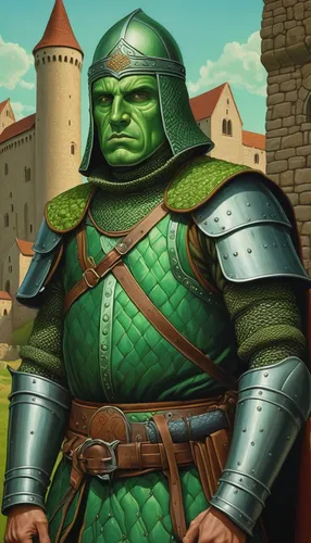 castleguard,patrol,prejmer,half orc,dwarf sundheim,doctor doom,iron mask hero,knight village,aaa,heavy armour,wall,green skin,herb quark,massively multiplayer online role-playing game,medieval,green,cleanup,knight armor,heroic fantasy,basdorf,Illustration,Retro,Retro 16