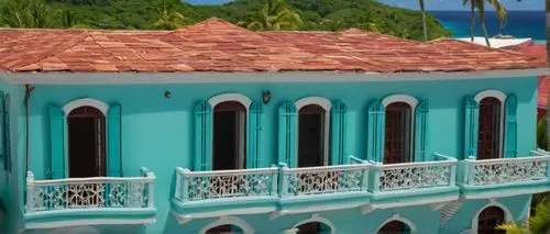 Antiguan architectural design works, colorful Caribbean buildings, colonial-style wooden houses, ornate balconies, vibrant turquoise shutters, red-tiled roofs, intricate stone carvings, tropical plant