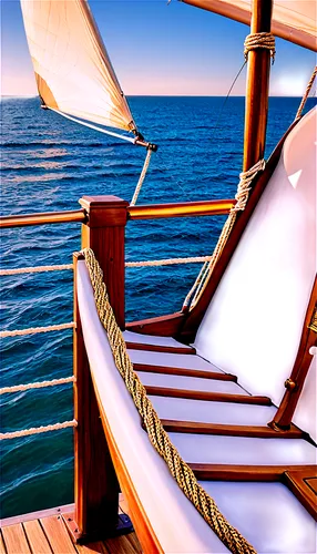 Large sailboat, white sails, wooden deck, golden railings, luxurious lounge chairs, shiny metal propellers, intricate rope details, ocean waves, morning sunlight, 3/4 composition, soft focus, warm col