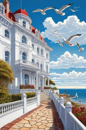 seaside resort,rosecliff,miramare,oceanfront,seaside country,beachfront,beach resort,seaside view,house of the sea,bird kingdom,grand hotel,seaside,seafront,shorefront,windows wallpaper,seagulls,ocean view,landscape background,sea gulls,seagulls flock,Illustration,Black and White,Black and White 14