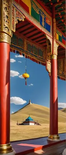 Mongolian architecture, traditional yurt, colorful ornate decorations, intricate patterns, Buddhist influences, golden roofs, red pillars, yellow walls, Mongolian flags, prayer wheels, incense burners