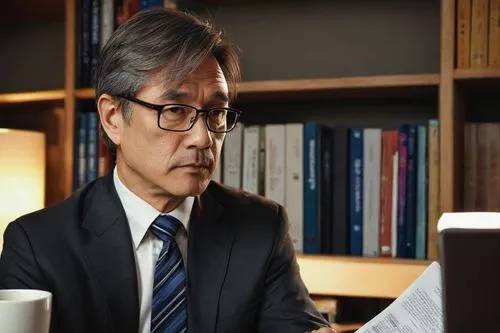 Database expert, Bill Inmon, mature man, (50yo), glasses, short brown hair, suit, white shirt, tie, sitting, office, bookshelf, laptop, papers, pens, coffee cup, calm atmosphere, warm lighting, 3/4 co