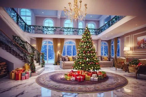 Modern villa, luxurious interior design, Christmas gifts, wrapped in colorful paper, ribbons, bows, festive atmosphere, bright lighting, marble floor, staircase, elegant chandelier, cozy living room, 